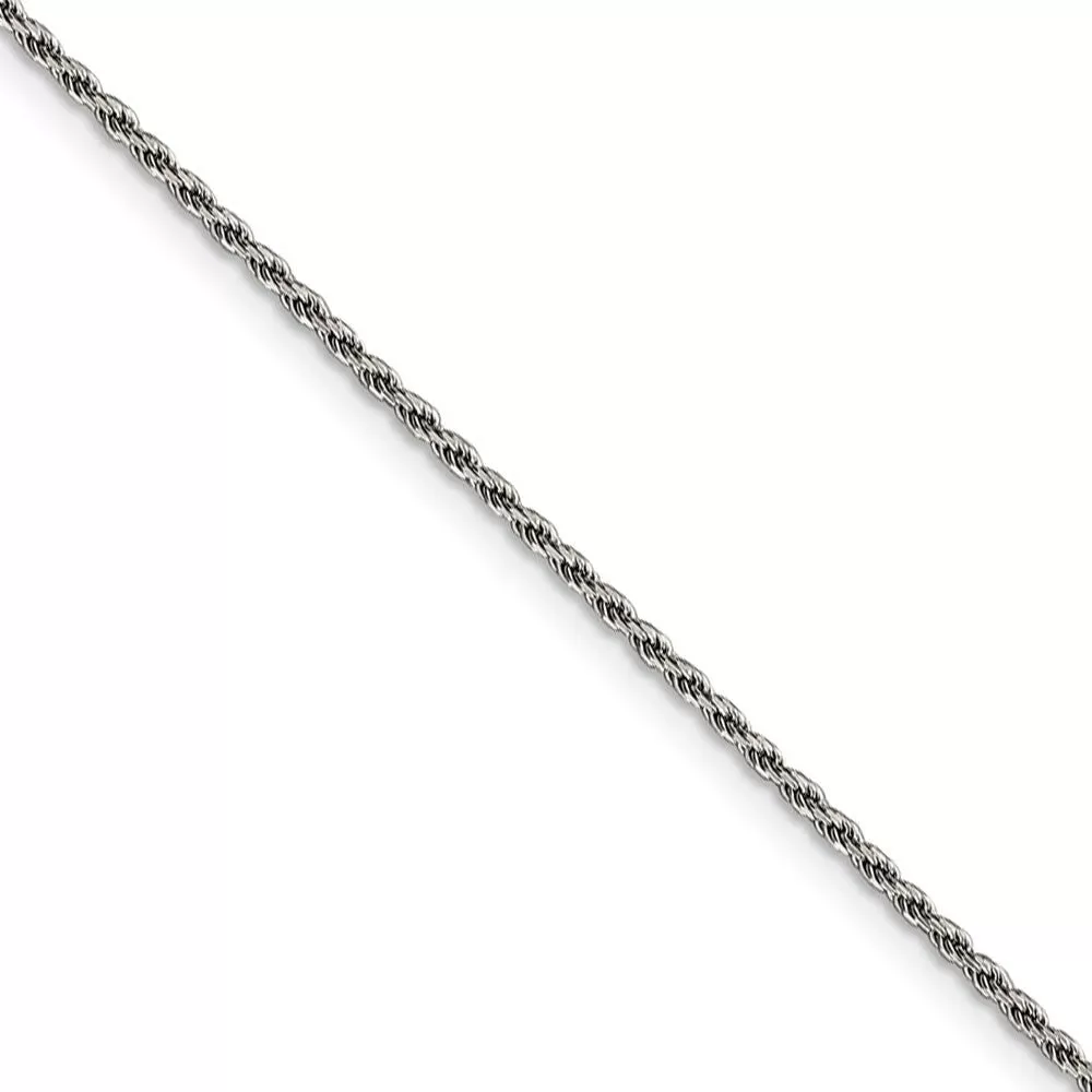 1.5mm Rhodium Plated Sterling Silver Solid D/C Rope Chain Necklace