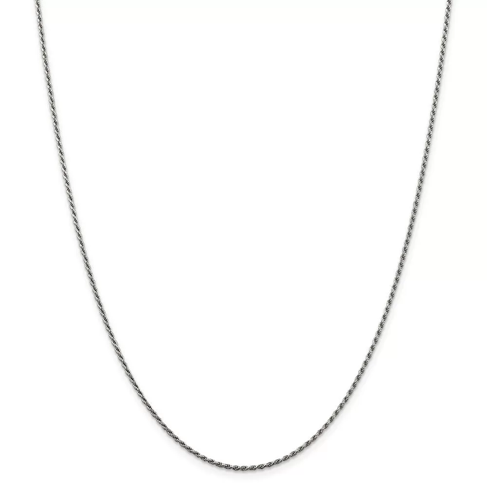 1.5mm Rhodium Plated Sterling Silver Solid D/C Rope Chain Necklace