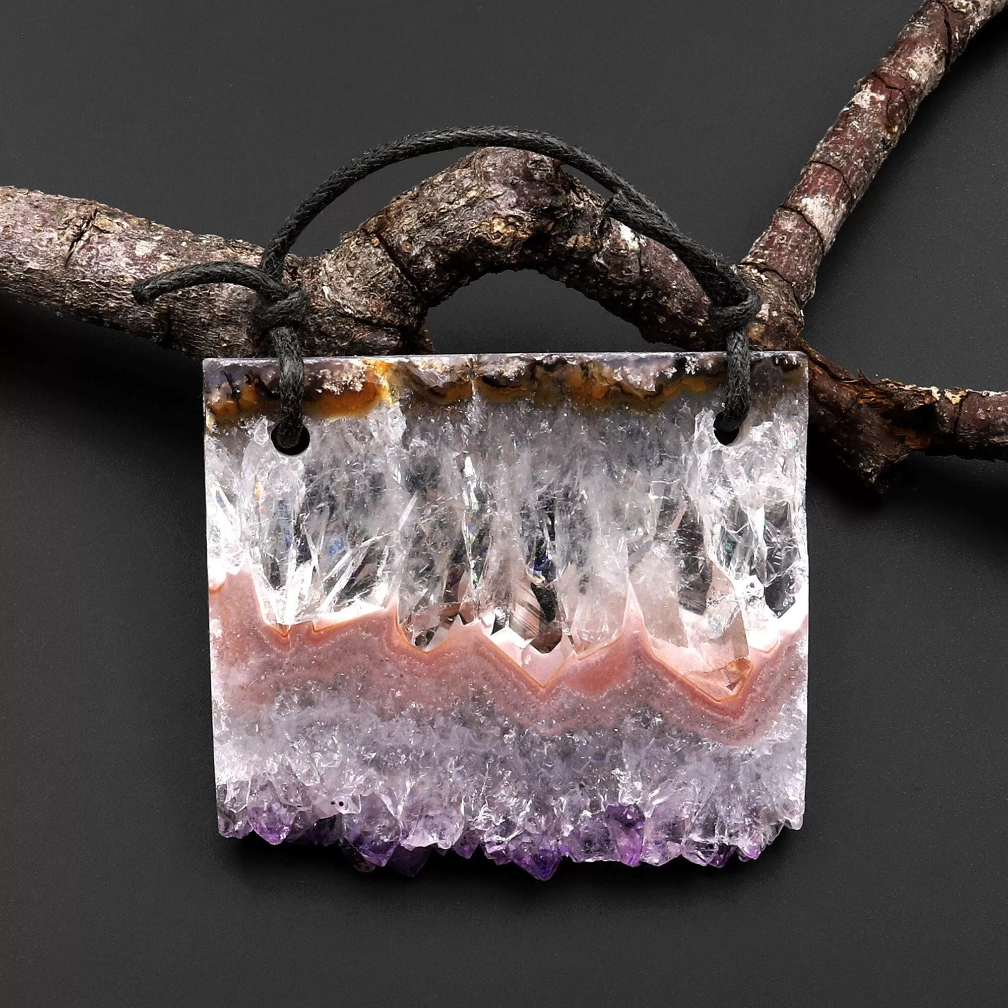 2 Hole Pendant Natural Peach Pink Purple Amethyst Stalactite Druzy Pendant Drilled Flat Slice Long Rectangle