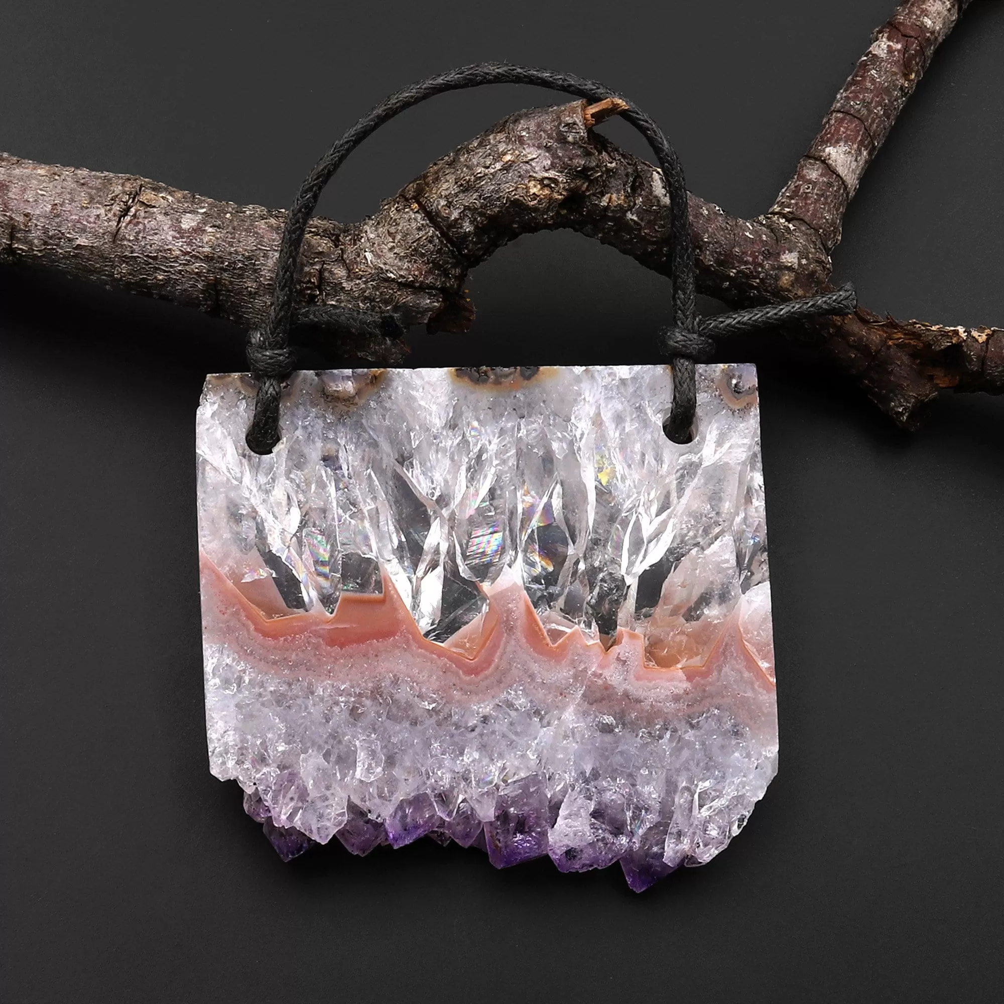 2 Hole Pendant Natural Peach Pink Purple Amethyst Stalactite Druzy Pendant Drilled Flat Slice Long Rectangle