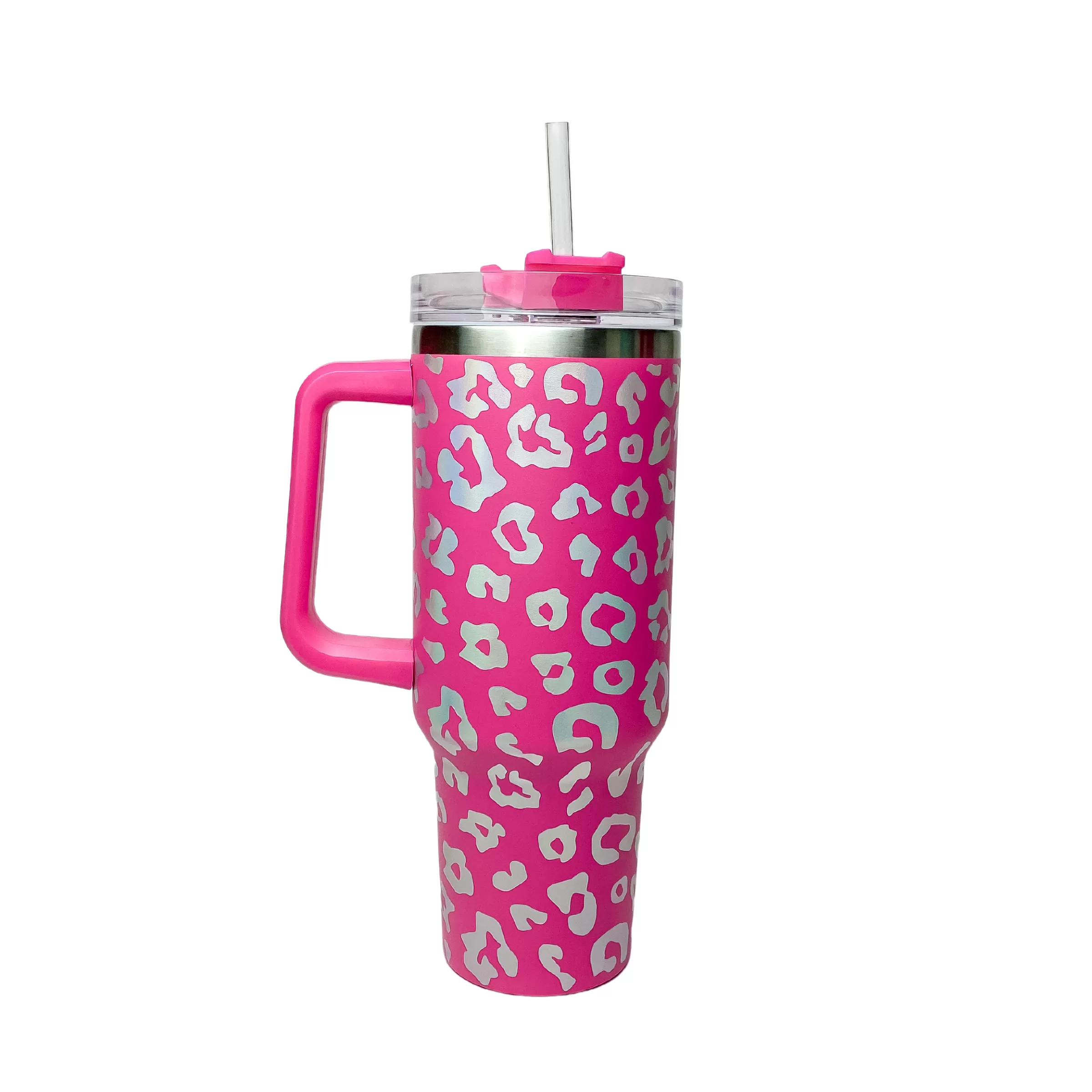 40 oz Iridescent Leopard Print Tumbler with Handle in Hot Pink