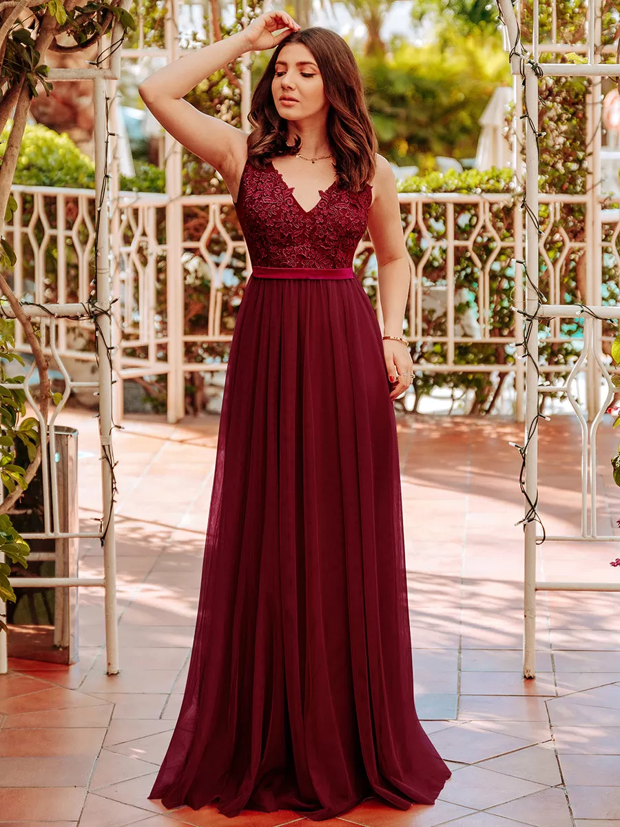 A-Line V-Neck Floral Lace Appliques Wholesale Bridesmaid Dress