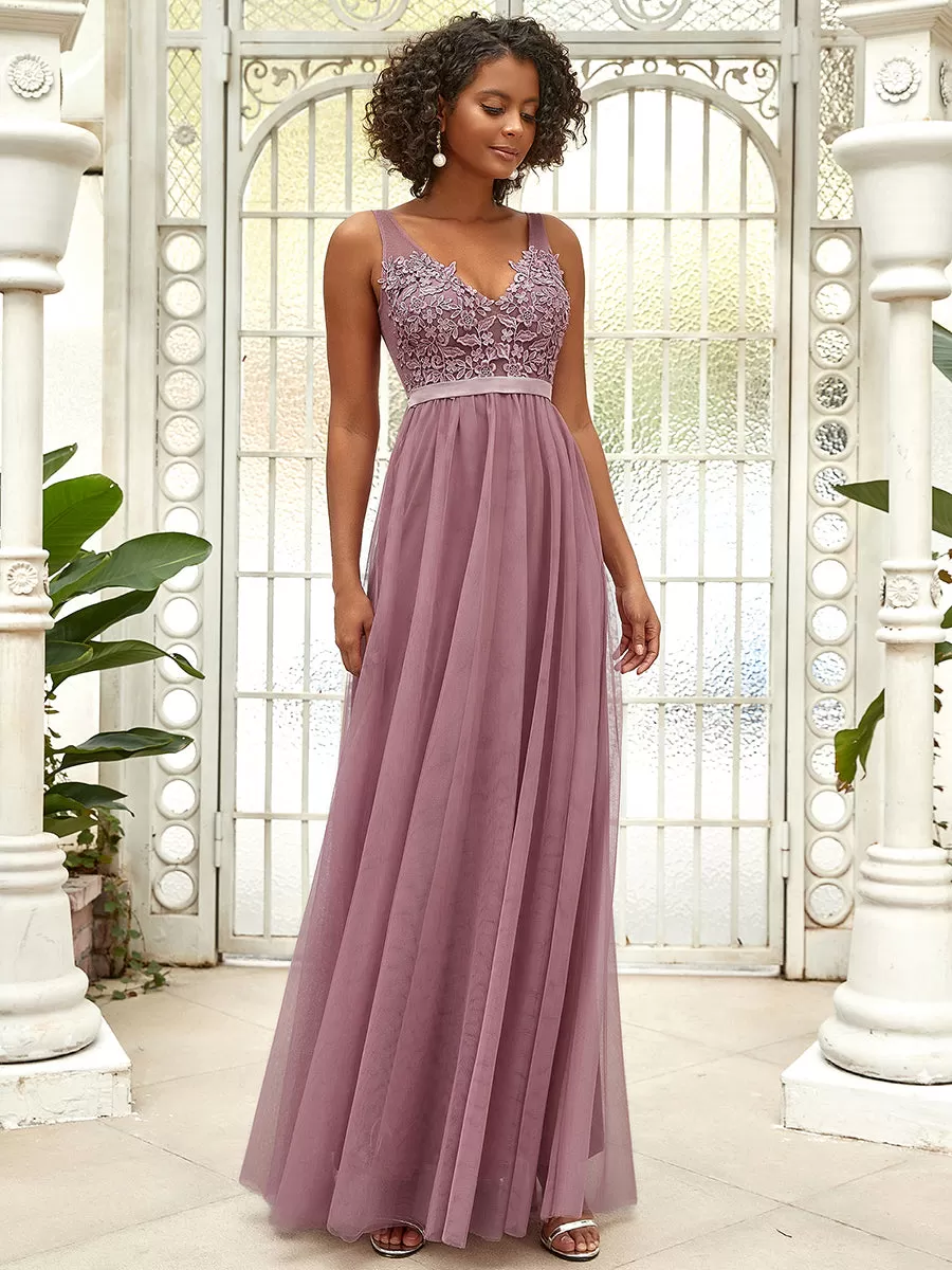 A-Line V-Neck Floral Lace Appliques Wholesale Bridesmaid Dress