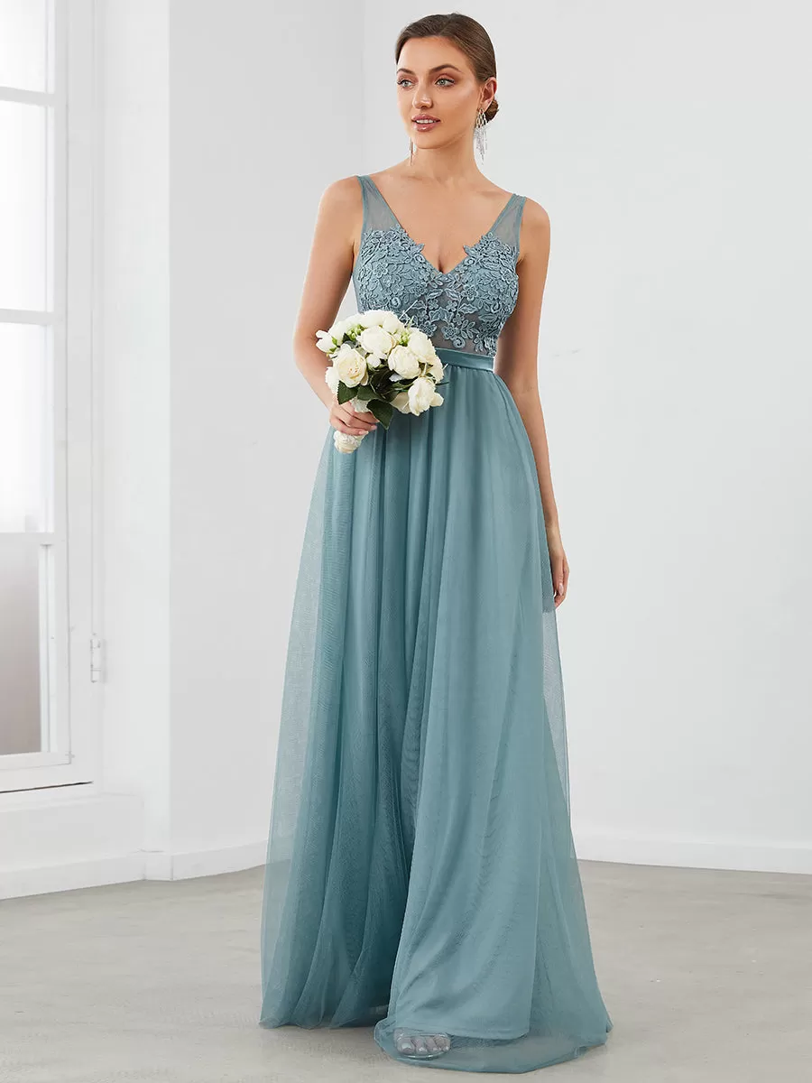 A-Line V-Neck Floral Lace Appliques Wholesale Bridesmaid Dress