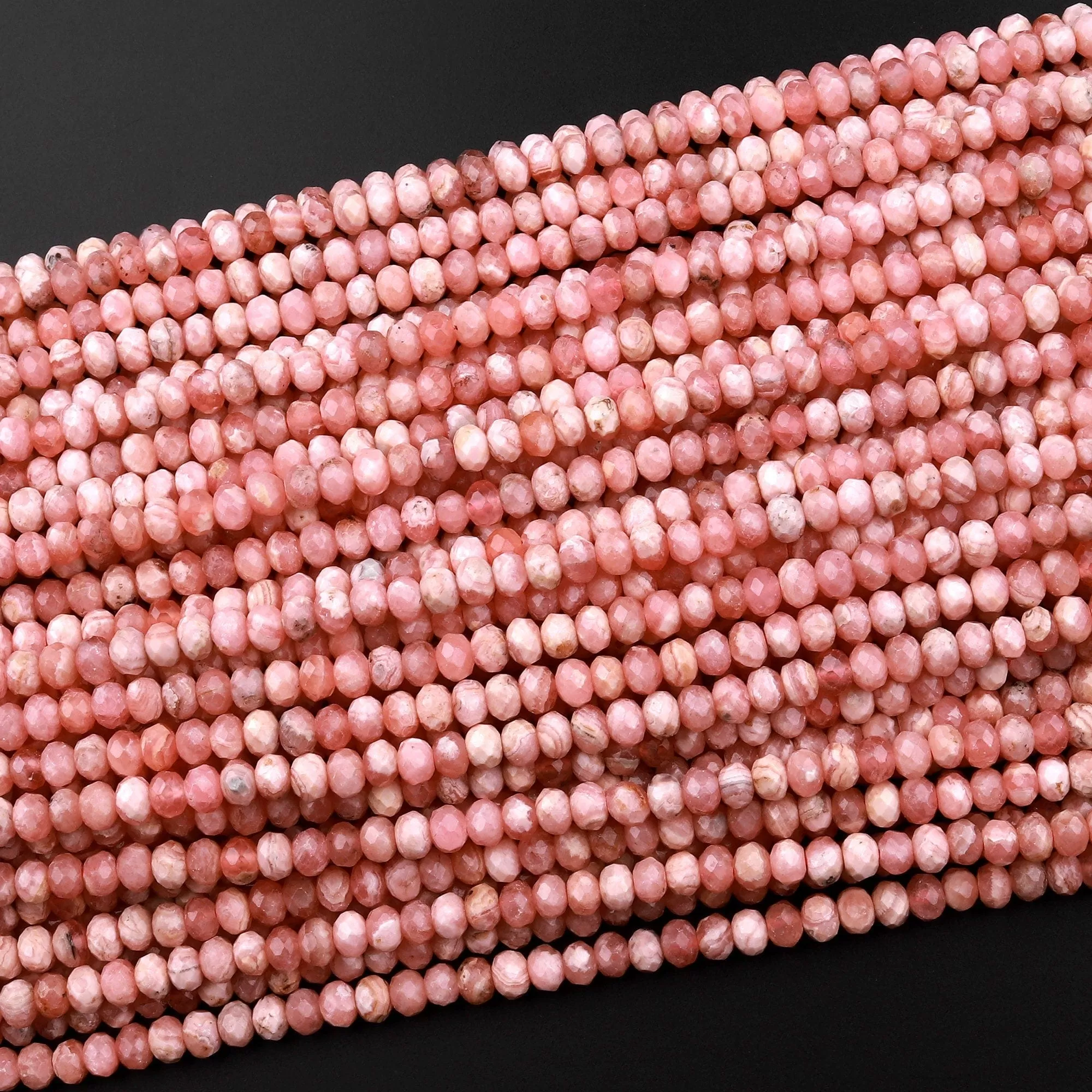 AA Natural Pink Rhodochrosite 3mm 4mm Faceted Rondelle Beads Micro Diamond Cut Genuine Red Pink Gemstone 15.5" Strand