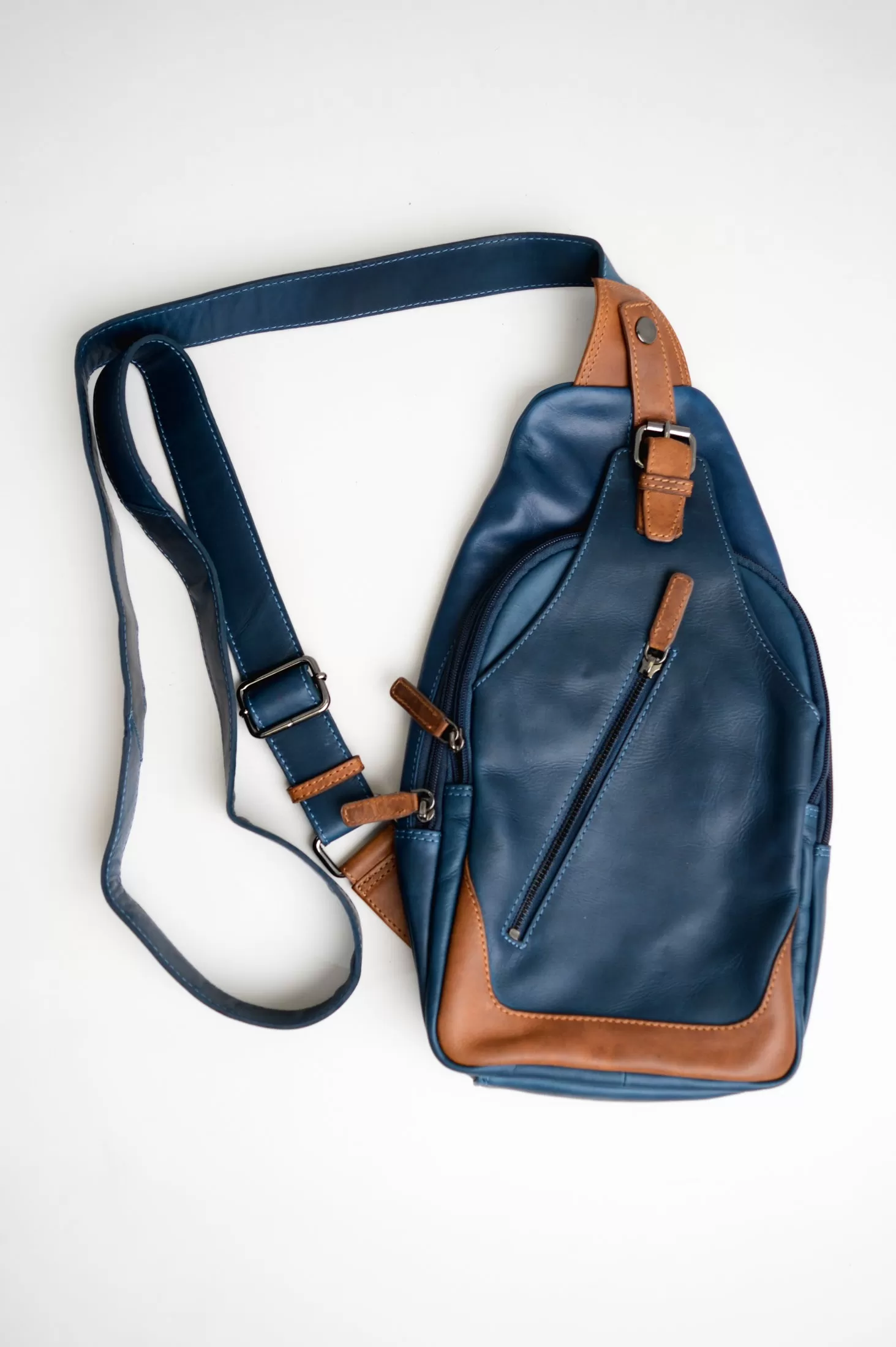 Adrian Klis 1854 Sling Bag, Blue/Tan, Buffalo Leather