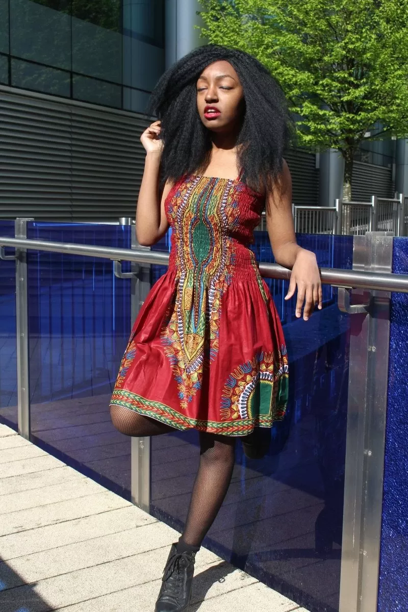 African Dress in Red Dashiki Print - Festival Dress