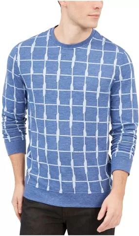 Alfani Men's Jacquard Grid Crewneck Lightweight Sweatshirt, Blue, XL