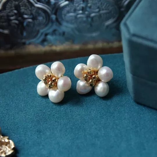 Baroque Freshwater Pearl Flower Stud Earrings