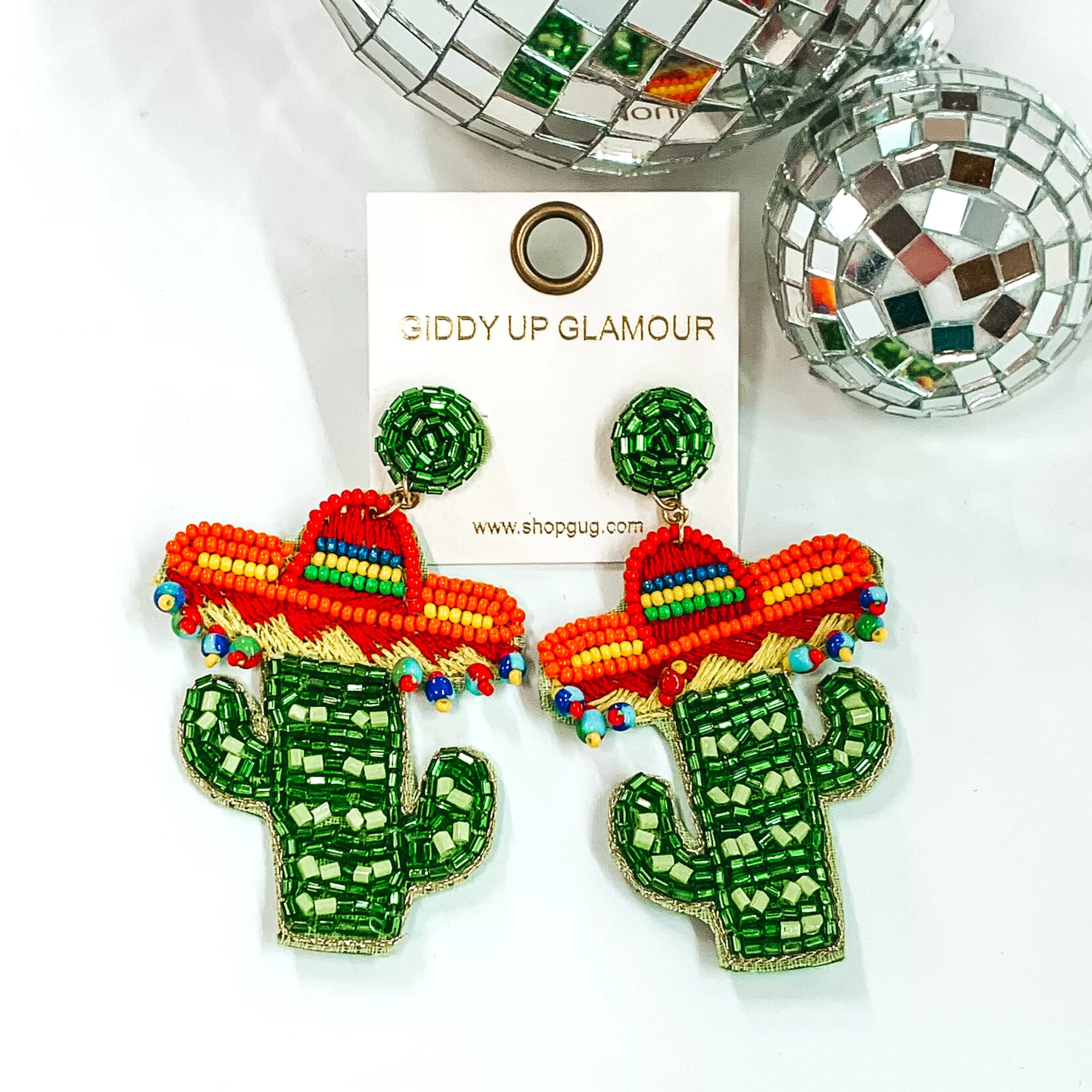 Beaded Cactus Earrings with a Sombrero in Green