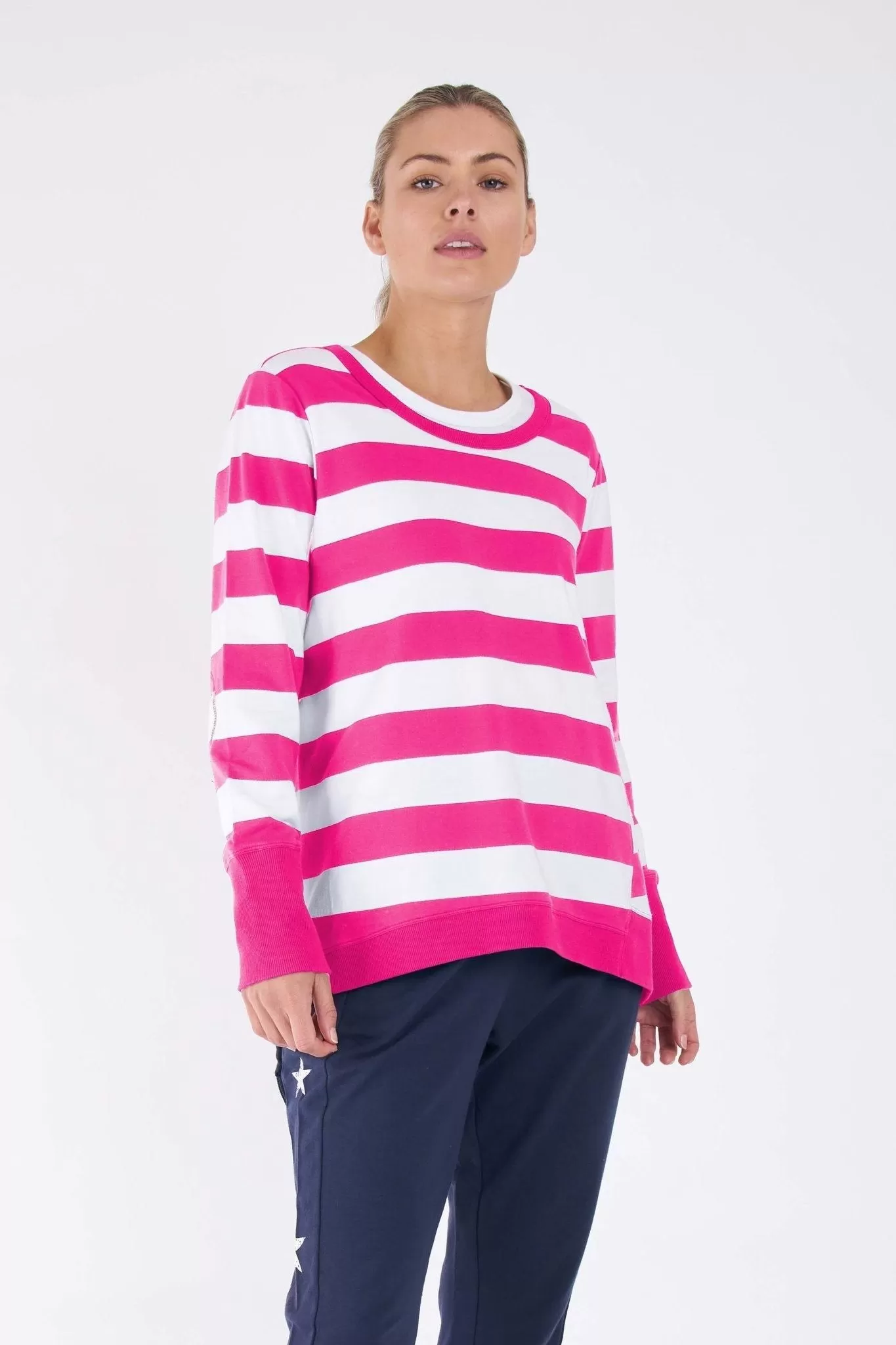 Betty Basics Dolly Sweater in Fuchsia White Stripe