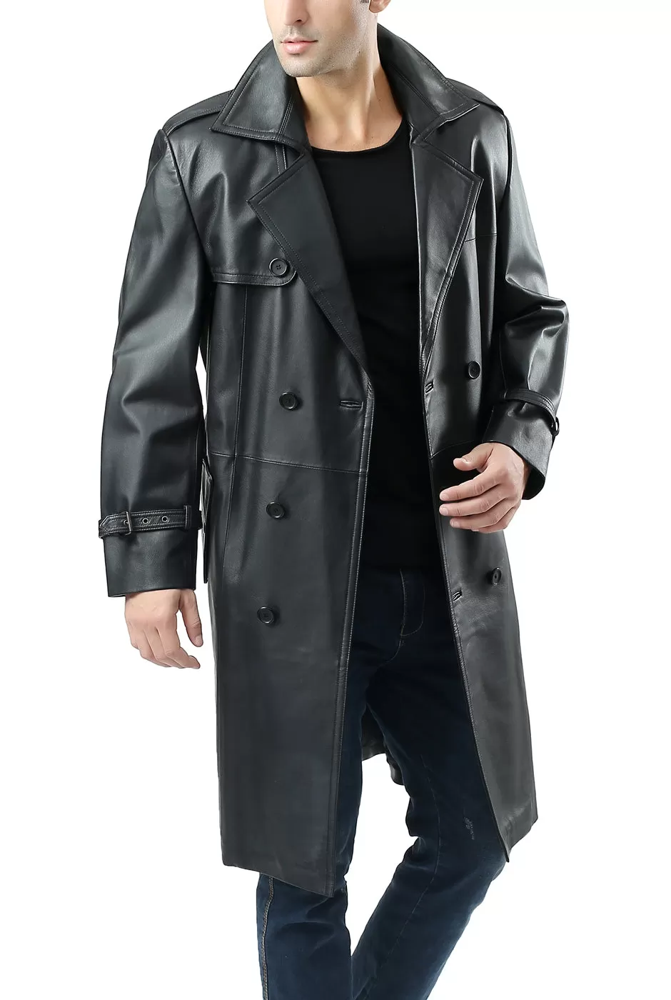 BGSD Monogram Collection Men Classic Leather Long Trench Coat