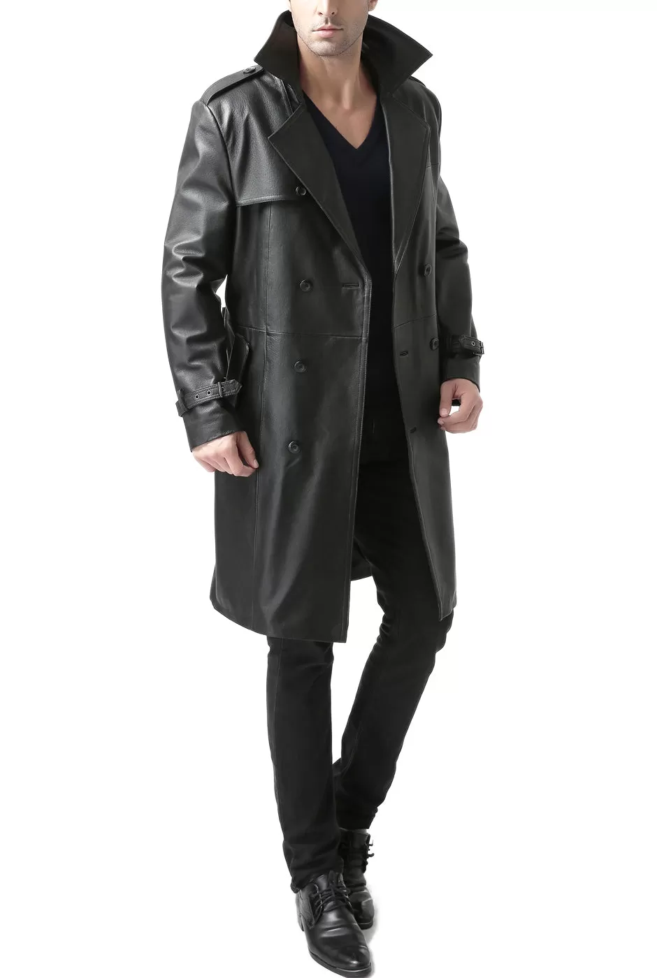 BGSD Monogram Collection Men Classic Leather Long Trench Coat