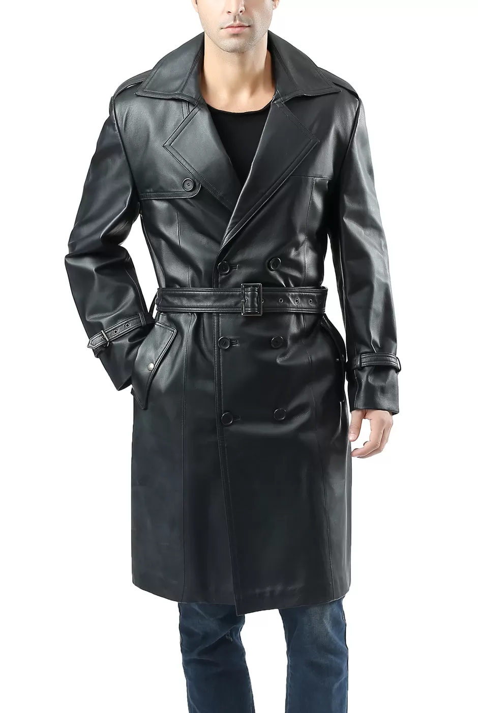 BGSD Monogram Collection Men Classic Leather Long Trench Coat