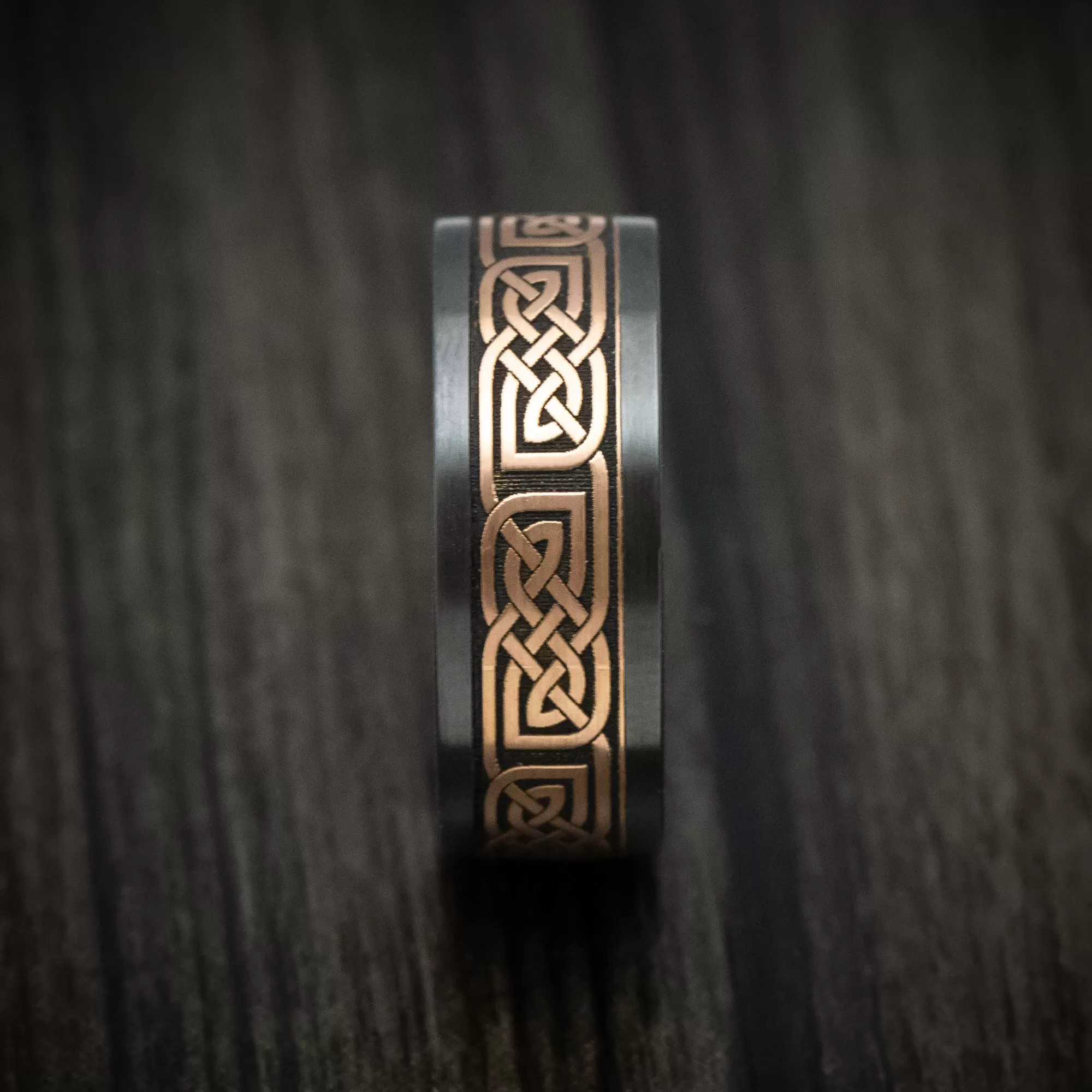 Black Zirconium and Kuro Damascus Steel 14K Gold Celtic Knot Pattern Inlay Men's Ring