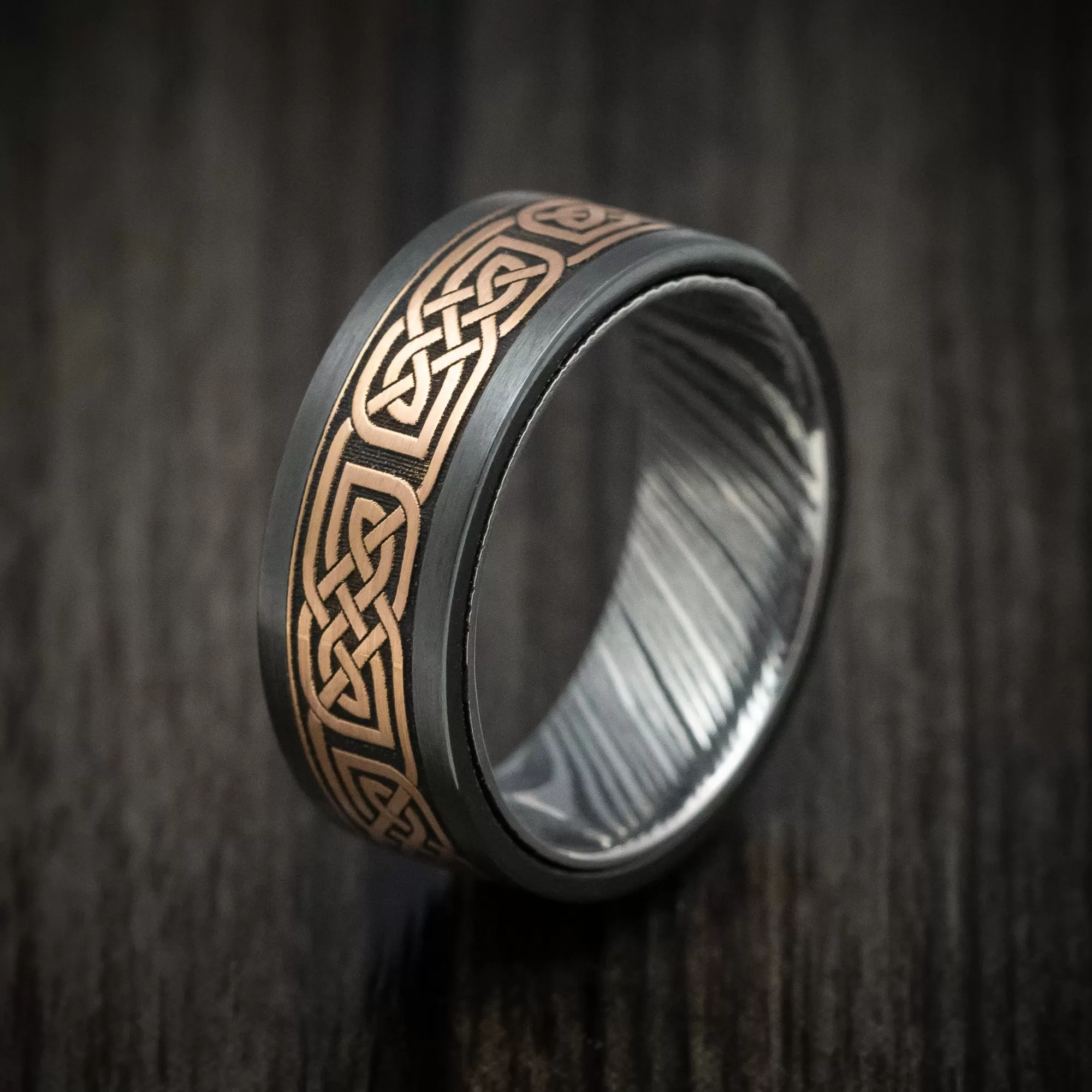 Black Zirconium and Kuro Damascus Steel 14K Gold Celtic Knot Pattern Inlay Men's Ring