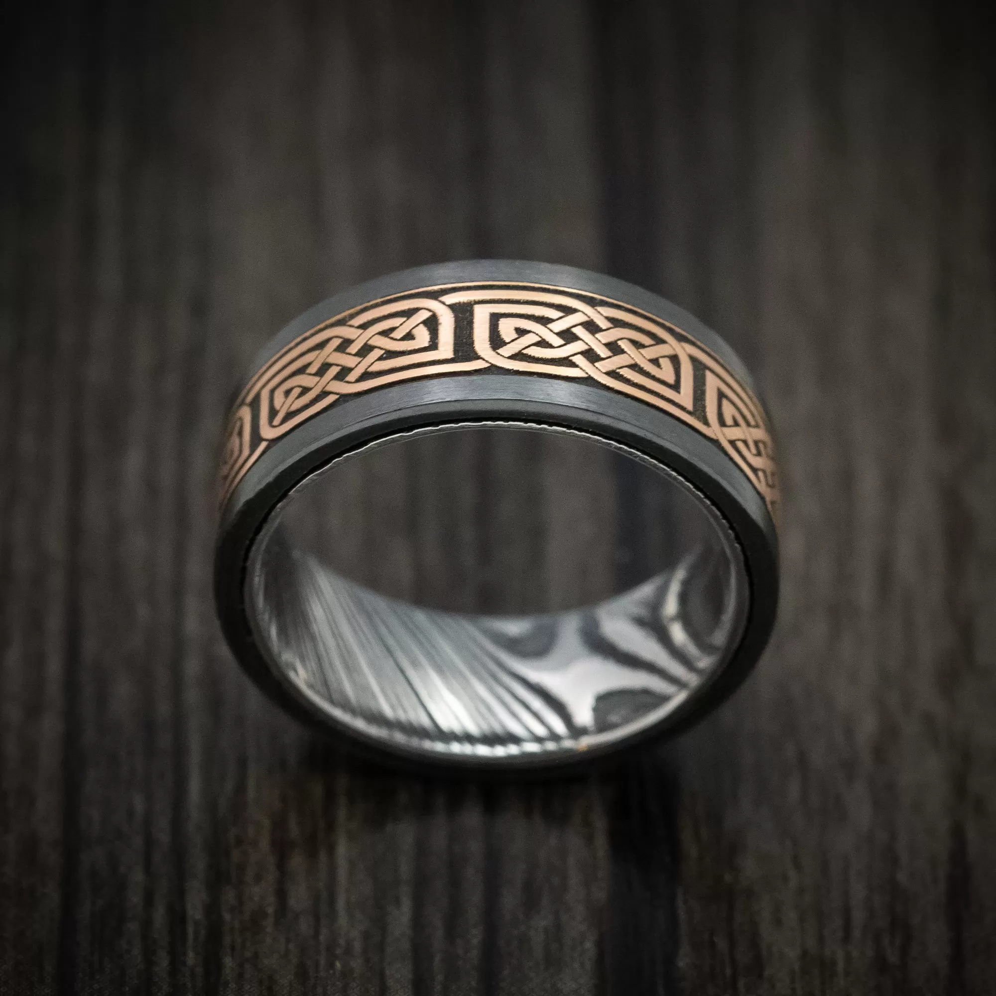 Black Zirconium and Kuro Damascus Steel 14K Gold Celtic Knot Pattern Inlay Men's Ring