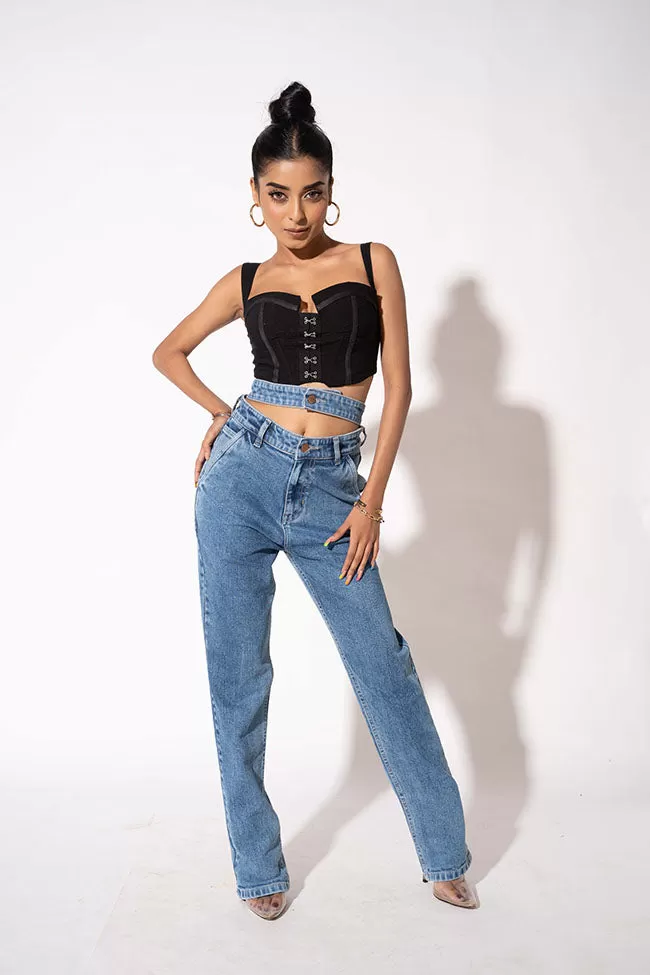 Blue Double Belt Straight High Waist Jeans