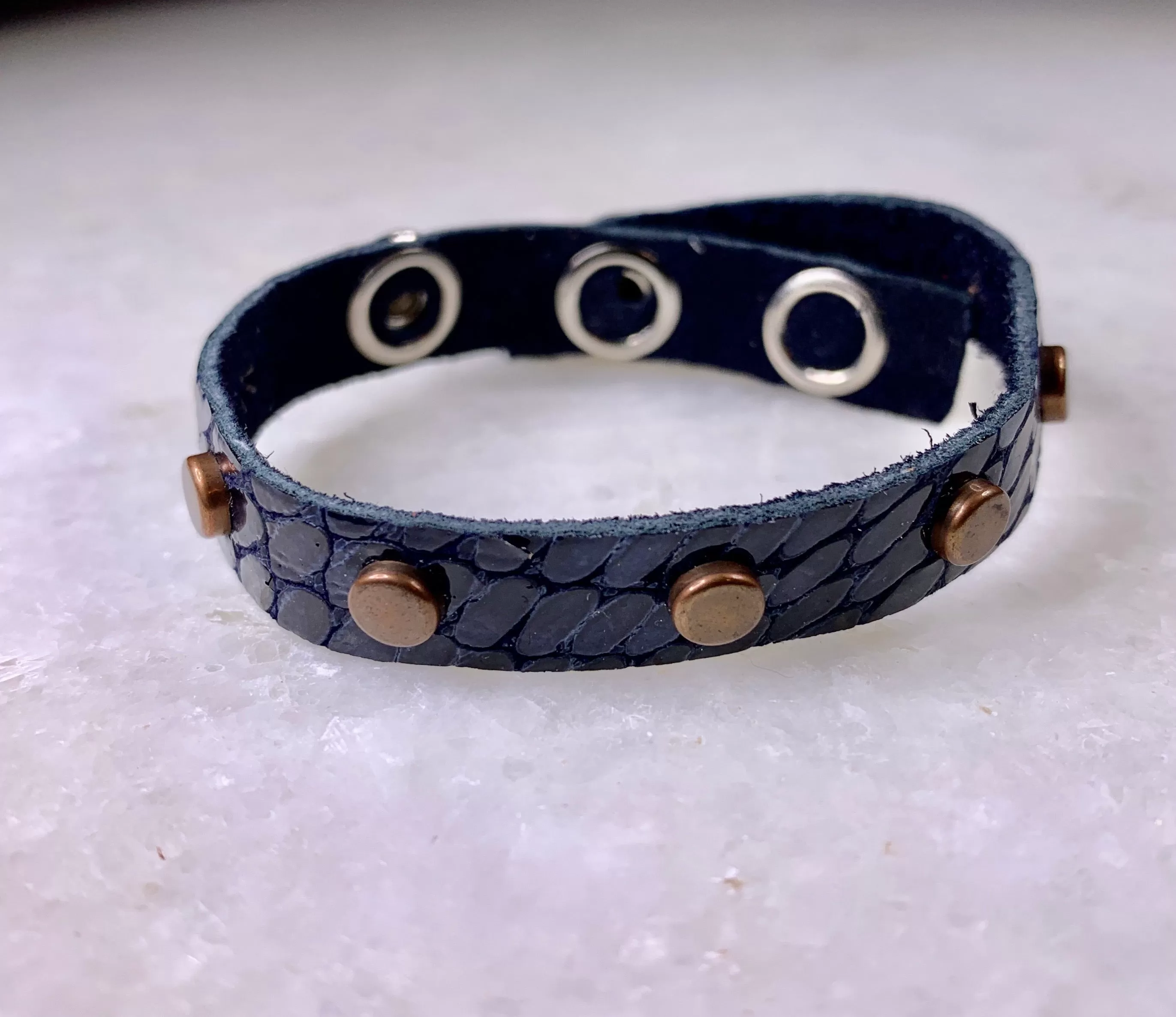 Blue Leather Bracelet w/Copper Studs