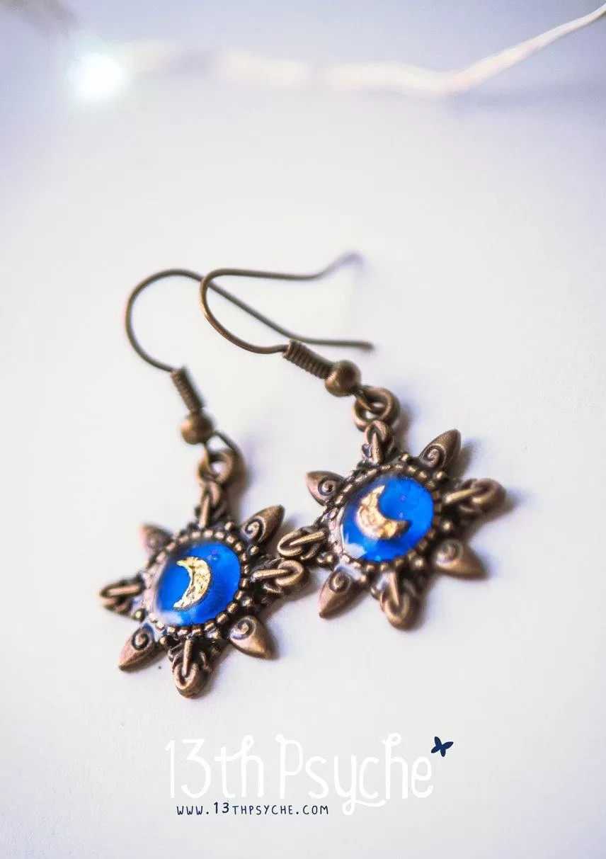 Blue star gold moon resin dangle earrings