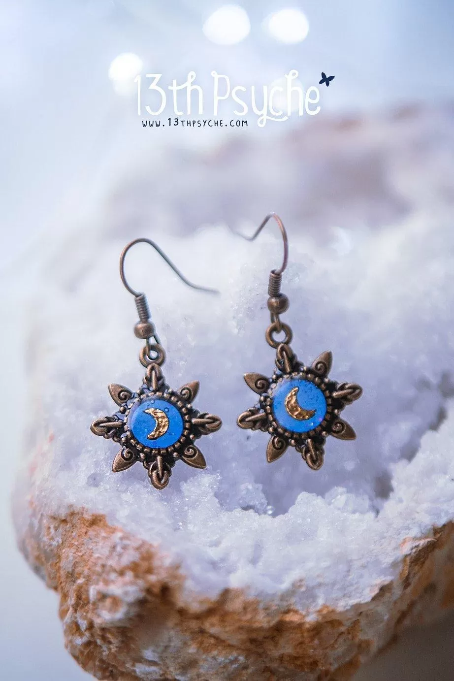 Blue star gold moon resin dangle earrings