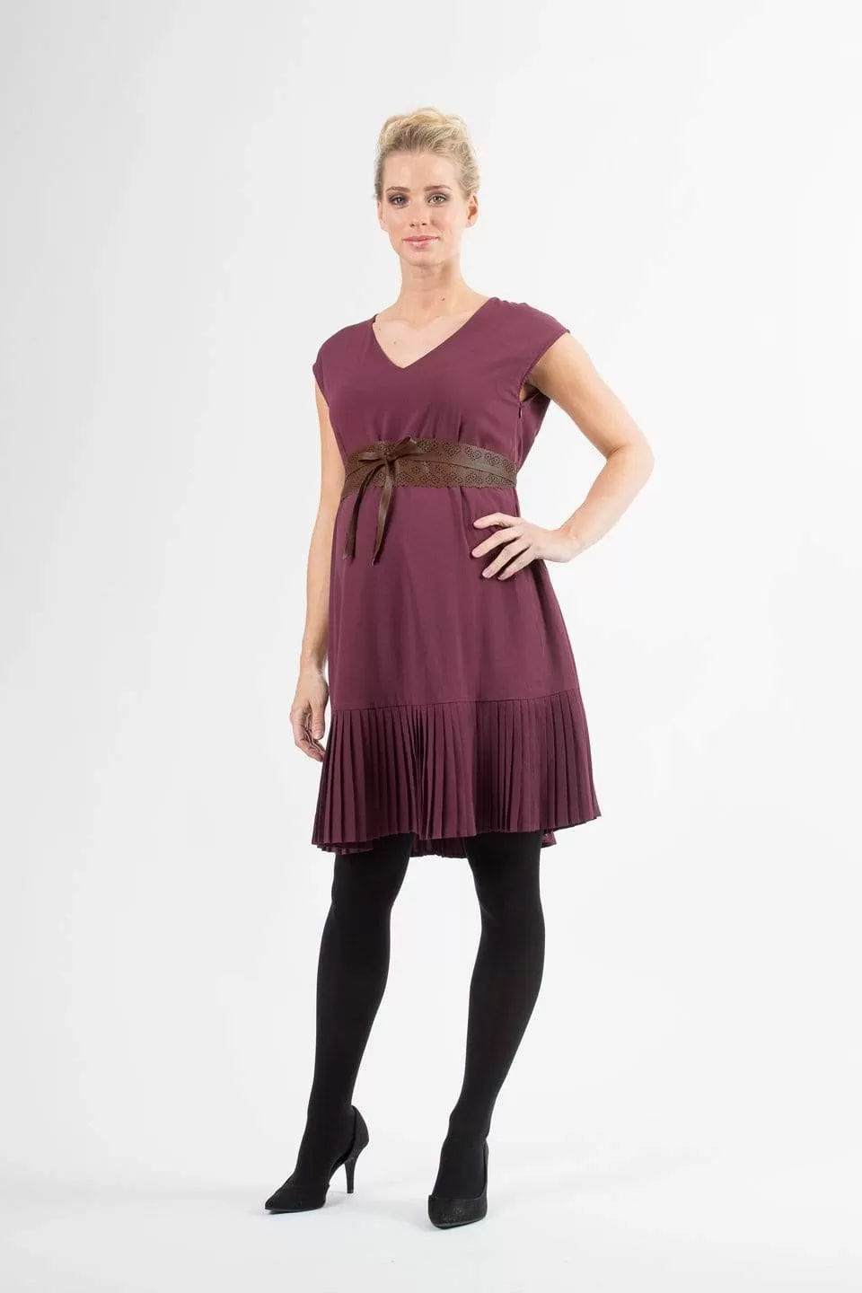 Cap Sleeves Brett Pleated Hem Nursing Dress Maroon