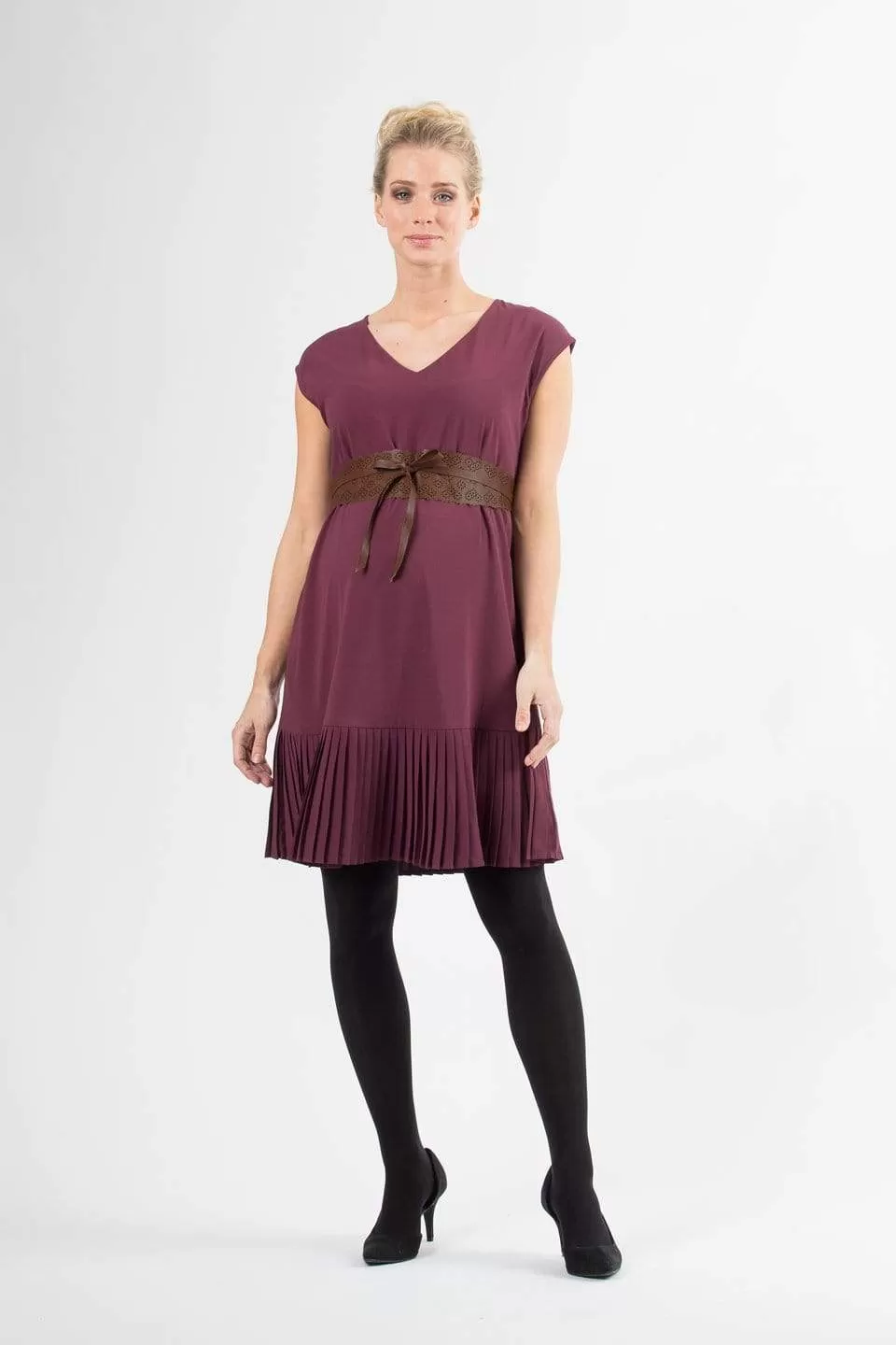 Cap Sleeves Brett Pleated Hem Nursing Dress Maroon