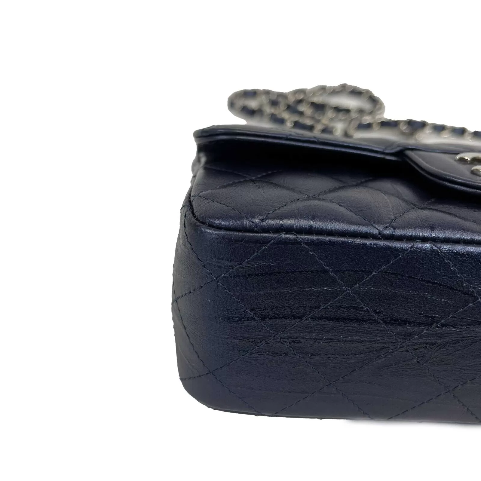 CHANEL - CC Crumpled Calfskin Mini Rectangular Flap Metallic Navy Blue Crossbody