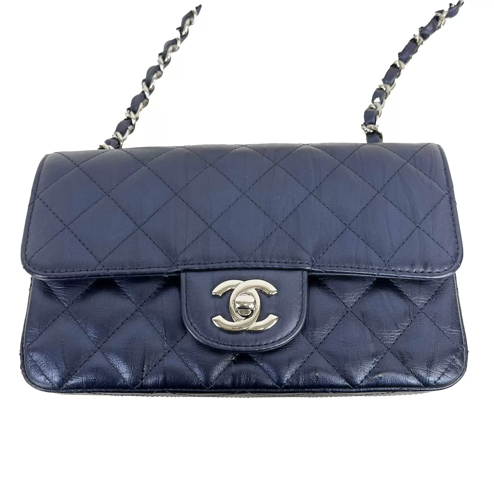 CHANEL - CC Crumpled Calfskin Mini Rectangular Flap Metallic Navy Blue Crossbody