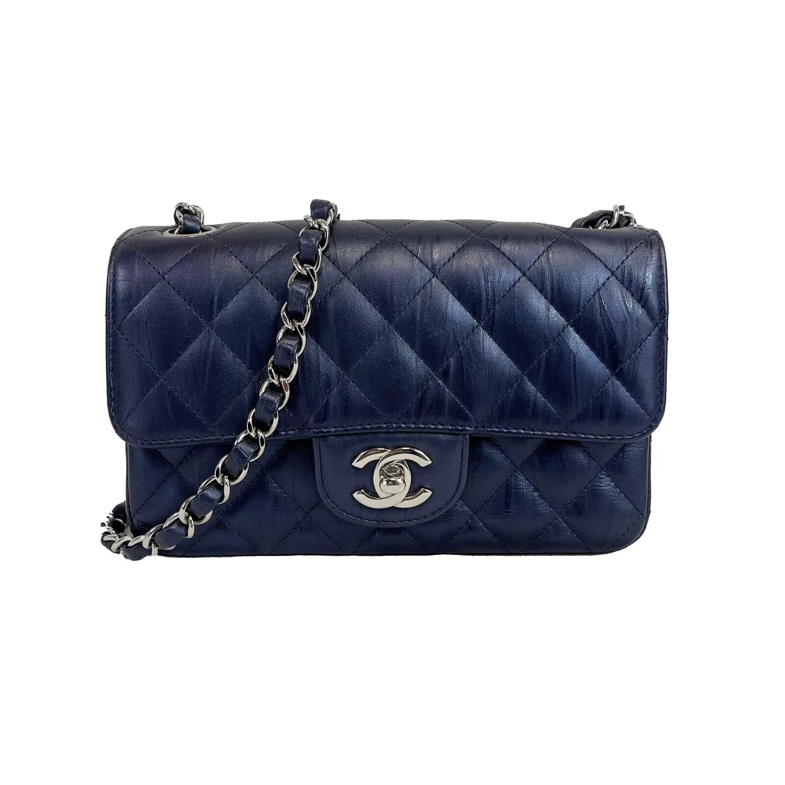 CHANEL - CC Crumpled Calfskin Mini Rectangular Flap Metallic Navy Blue Crossbody