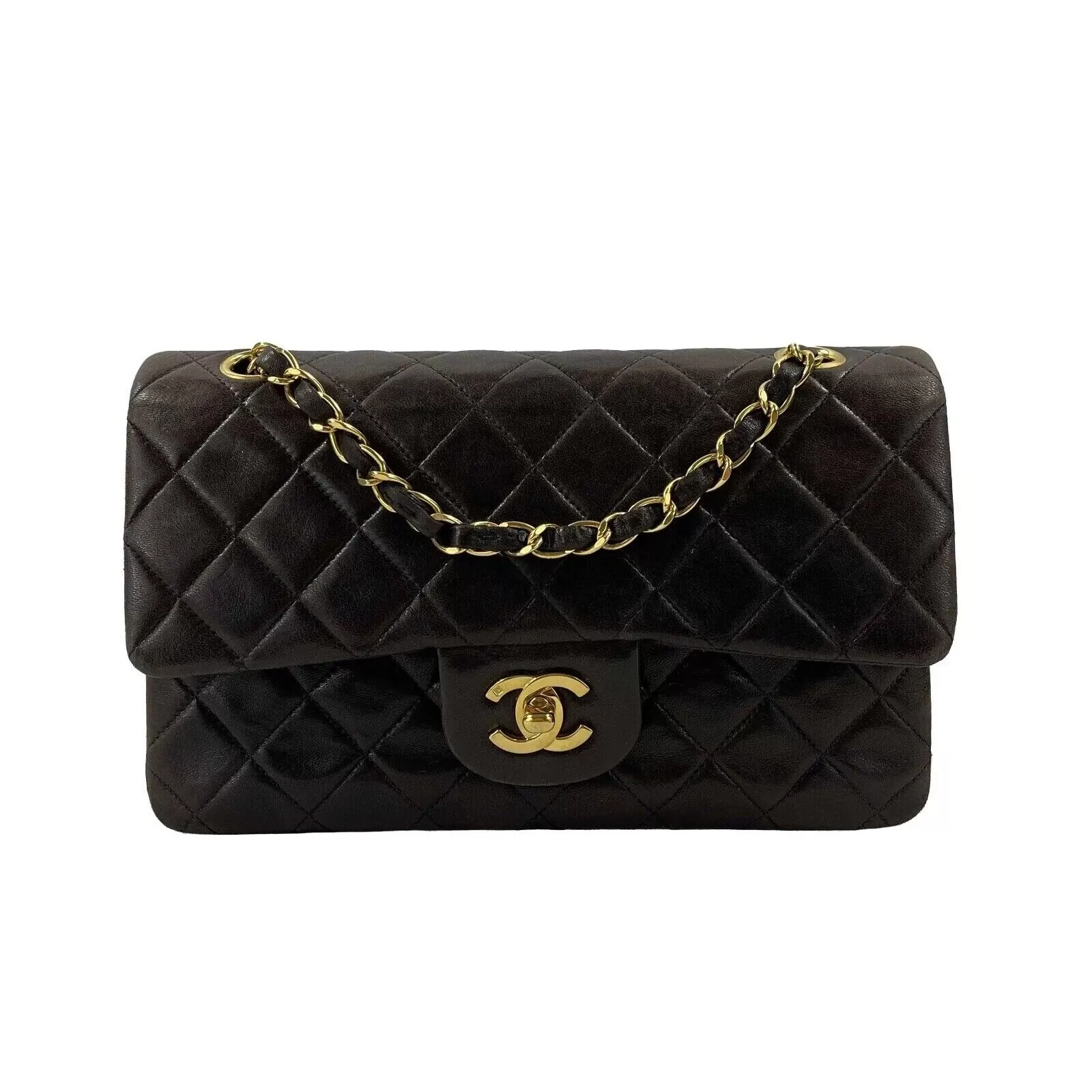 CHANEL - Vintage 1990s Small Brown/Black Classic Double Flap Shoulder Handbag