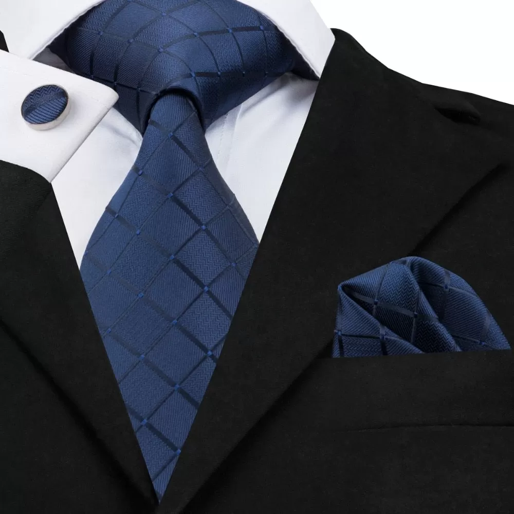 Classic Blue Black Striped Solid Neck Tie for Men Party Silk Tie Set