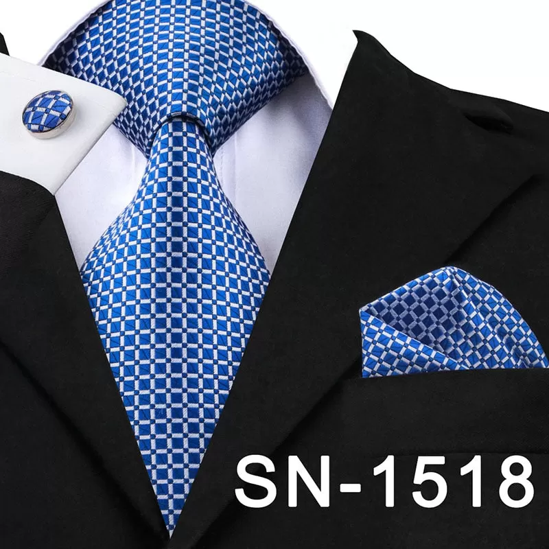 Classic Blue Black Striped Solid Neck Tie for Men Party Silk Tie Set