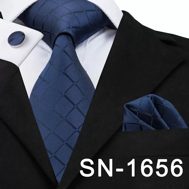 Classic Blue Black Striped Solid Neck Tie for Men Party Silk Tie Set