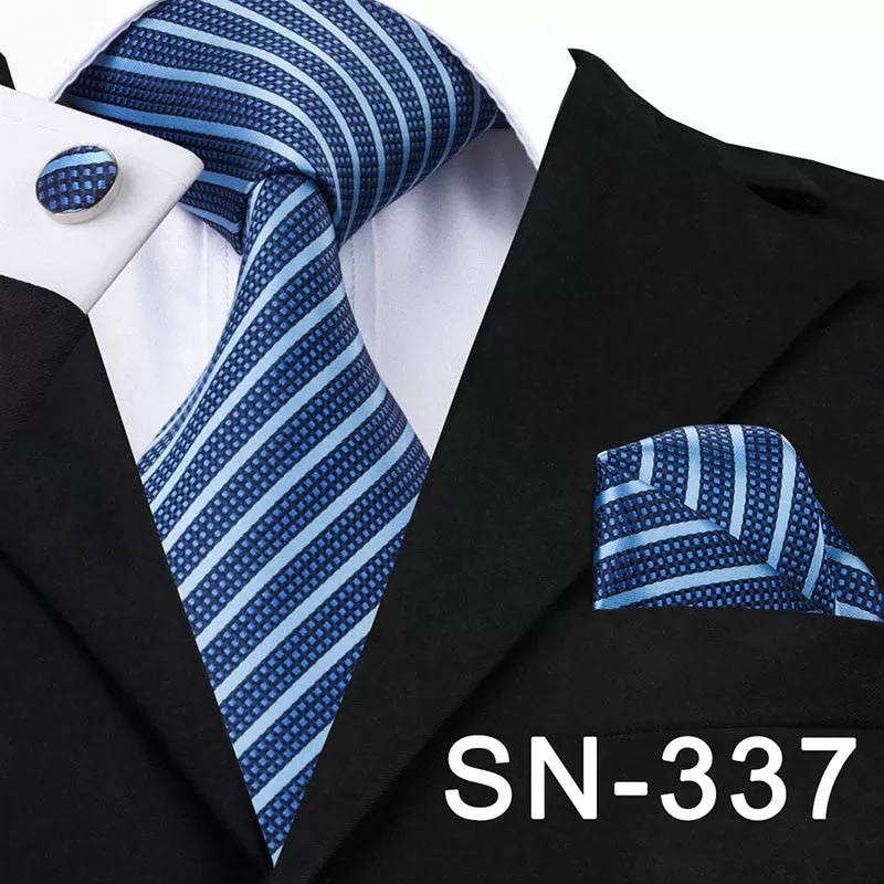 Classic Blue Black Striped Solid Neck Tie for Men Party Silk Tie Set