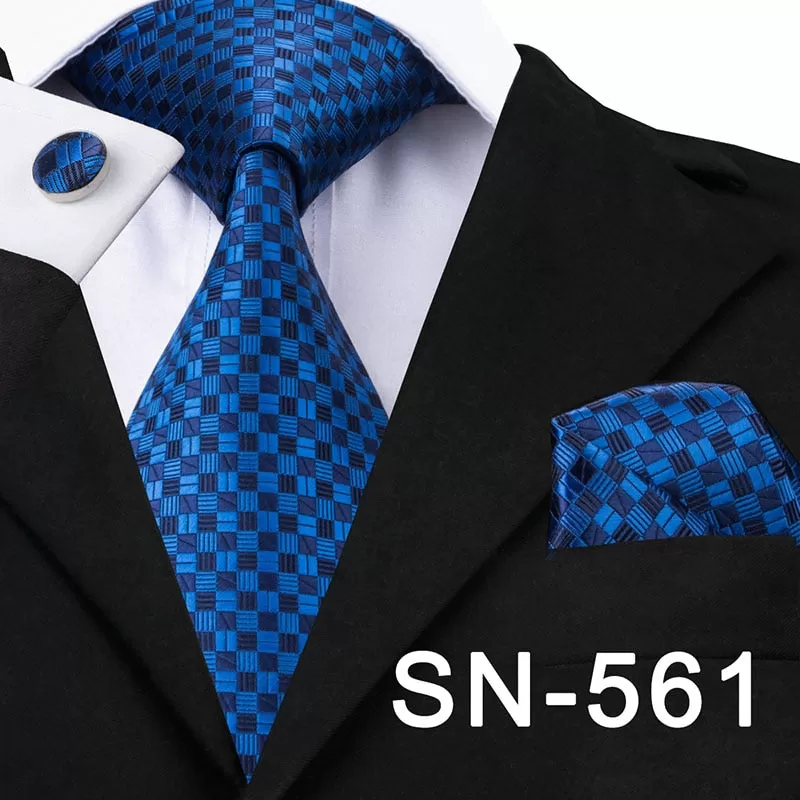 Classic Blue Black Striped Solid Neck Tie for Men Party Silk Tie Set