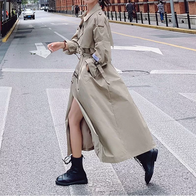 Classic Large Collar Belted Twill Long Trench Coat Calf Length Overcoat