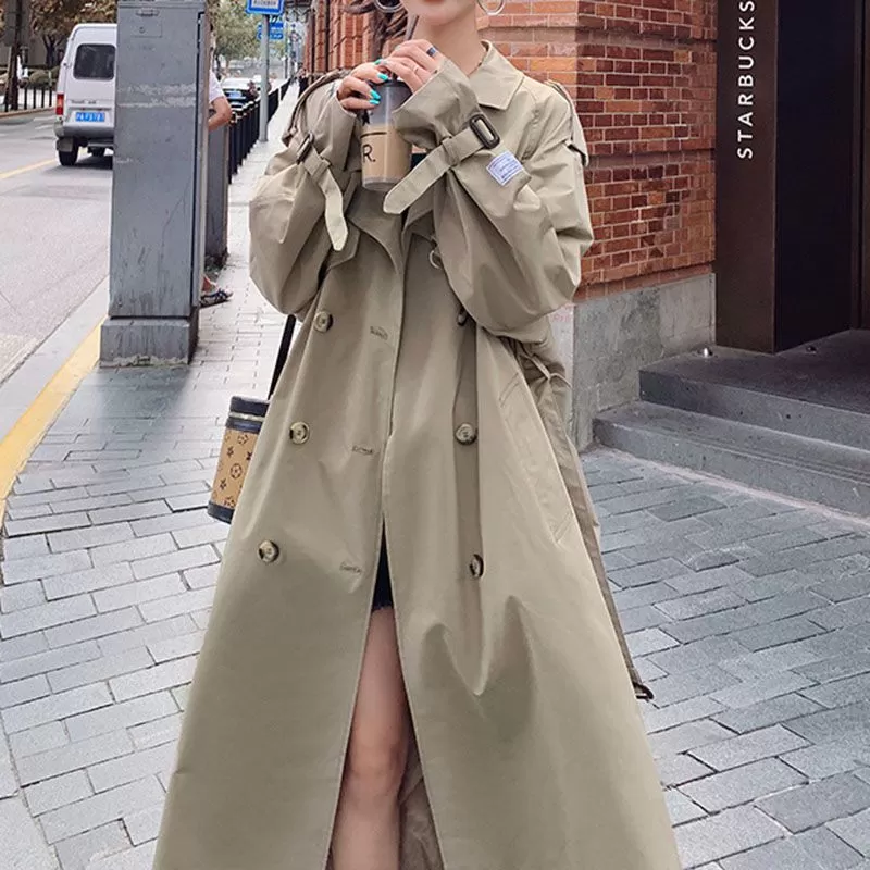 Classic Large Collar Belted Twill Long Trench Coat Calf Length Overcoat