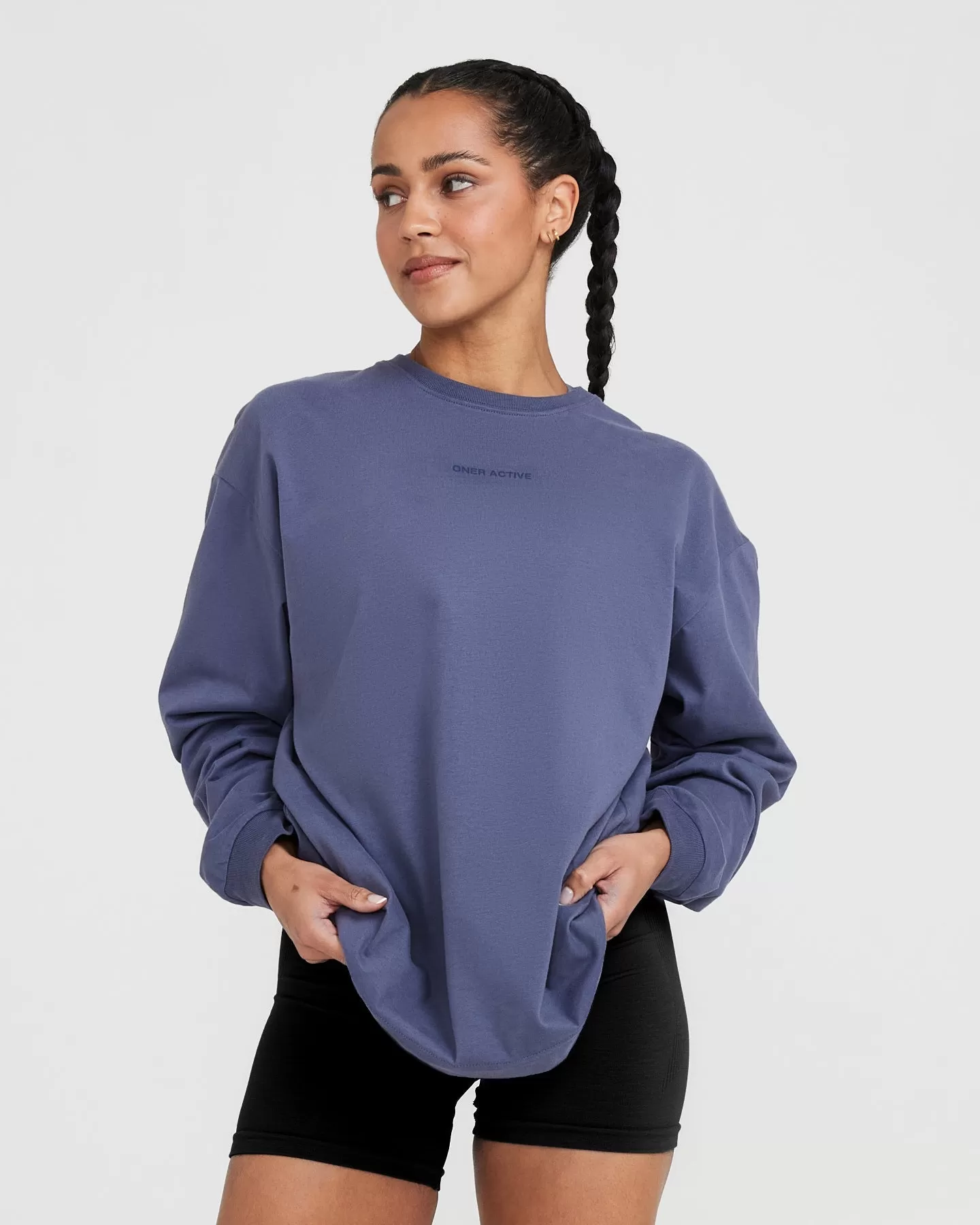 Classic Mirror Graphic Oversized Long Sleeve Top | Washed Slate Blue