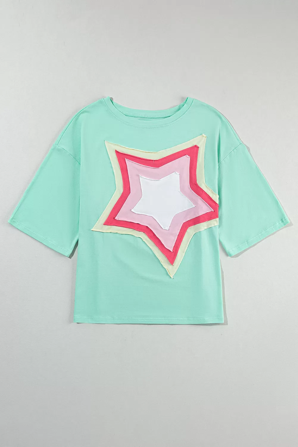 Colorblock Star Patched Half Sleeve Oversized Tee