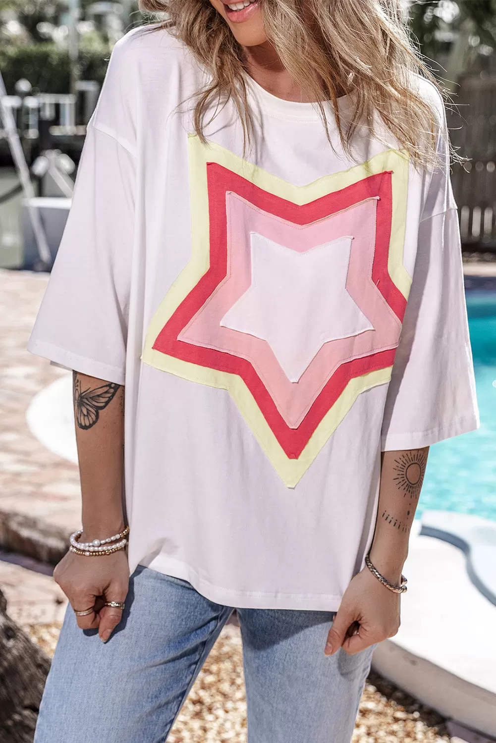 Colorblock Star Patched Half Sleeve Oversized Tee