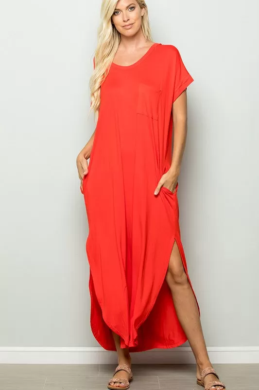 CORAL MAXI DRESS WITH FRONT POCKET & SIDE SLITS