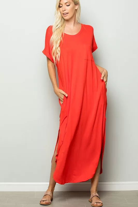 CORAL MAXI DRESS WITH FRONT POCKET & SIDE SLITS