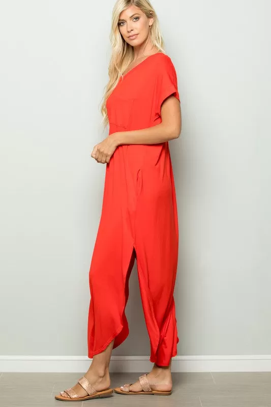 CORAL MAXI DRESS WITH FRONT POCKET & SIDE SLITS