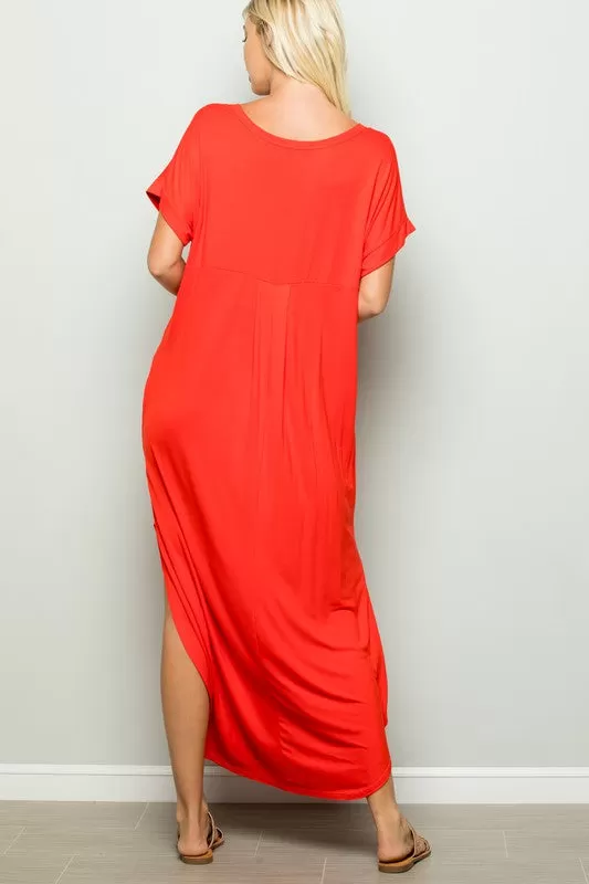 CORAL MAXI DRESS WITH FRONT POCKET & SIDE SLITS