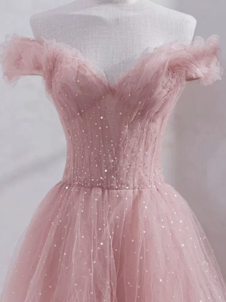 Cute Pink Princess Tulle Sequin Prom Dress Off The Shoulder Evening Dress SH1046