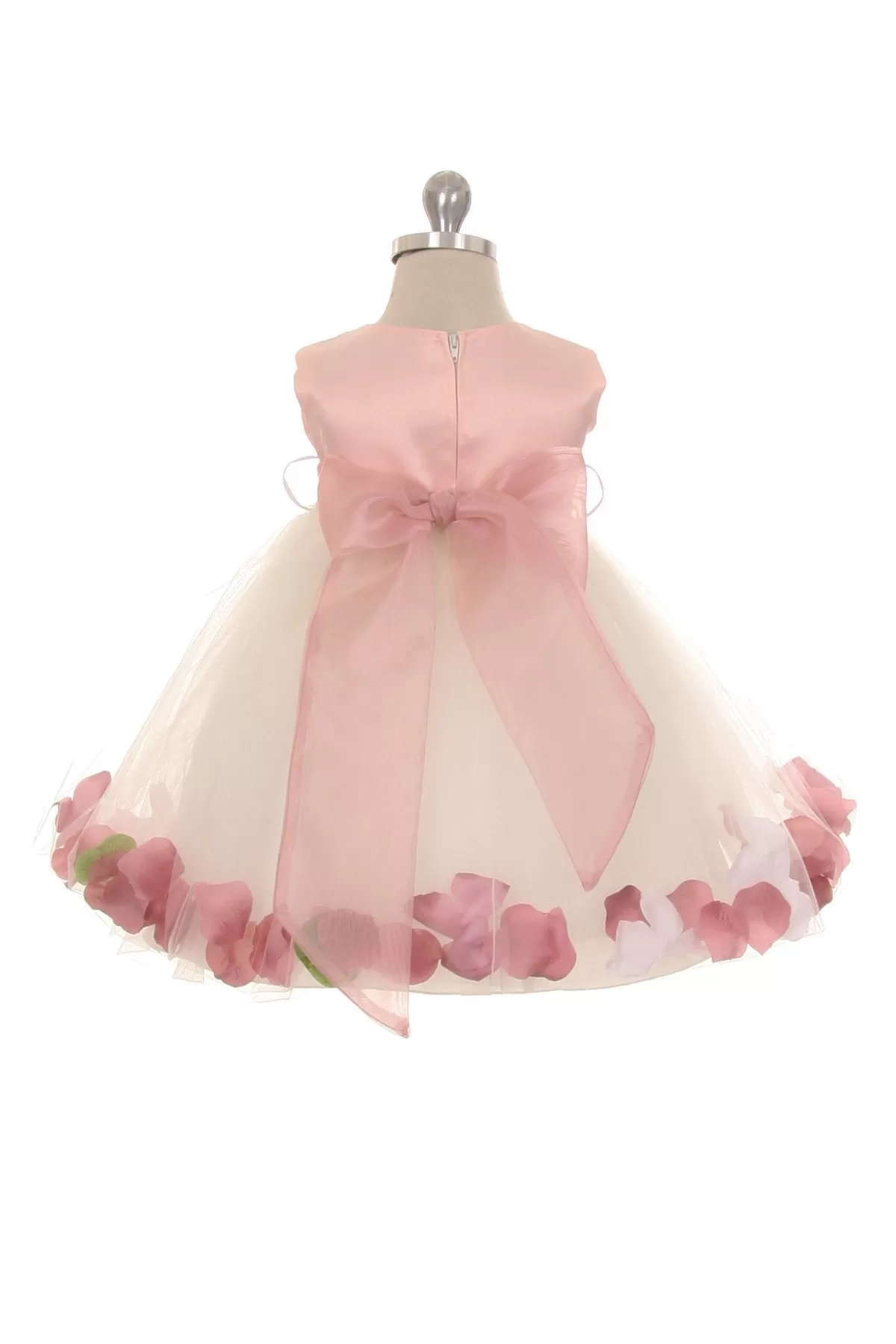 Dusty Rose Top Satin Flower Petal Baby Dress with Organza Sash