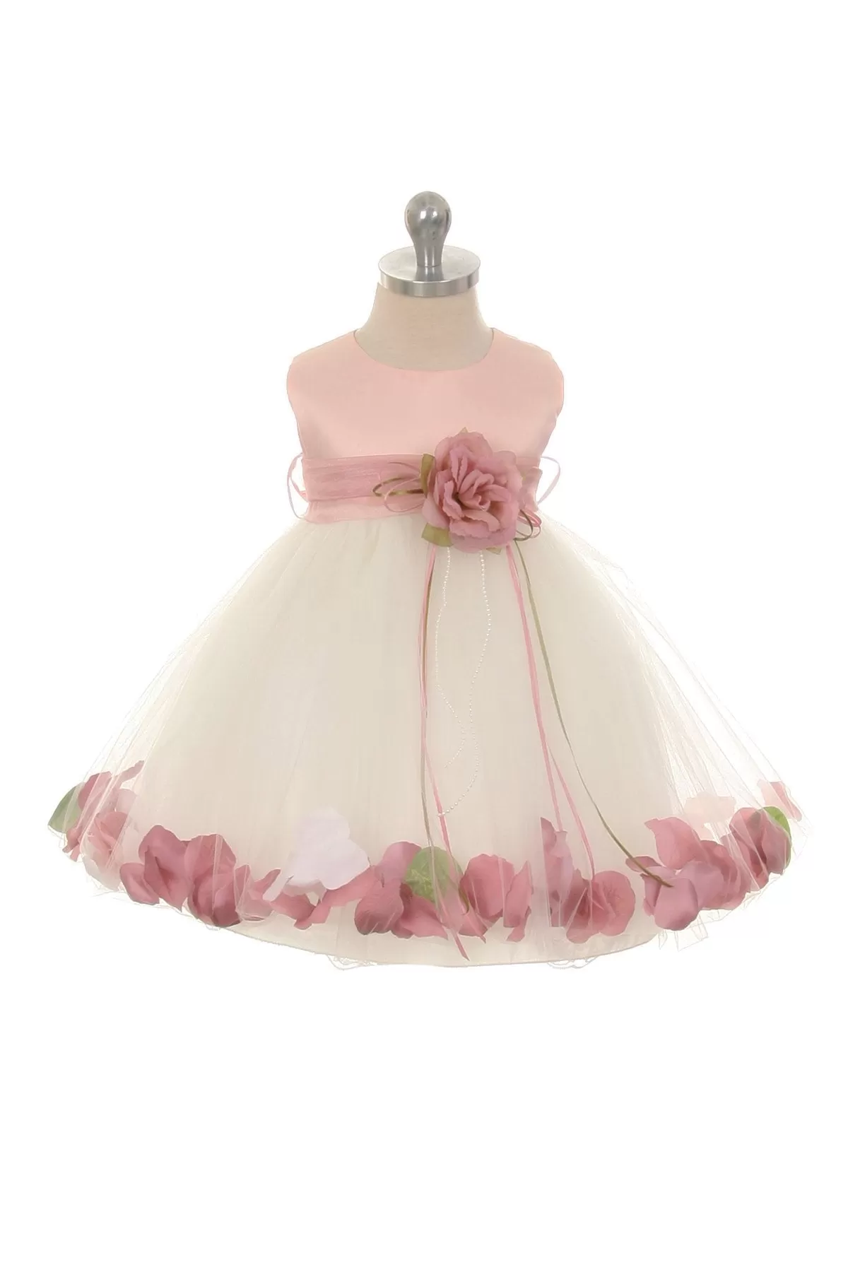 Dusty Rose Top Satin Flower Petal Baby Dress with Organza Sash