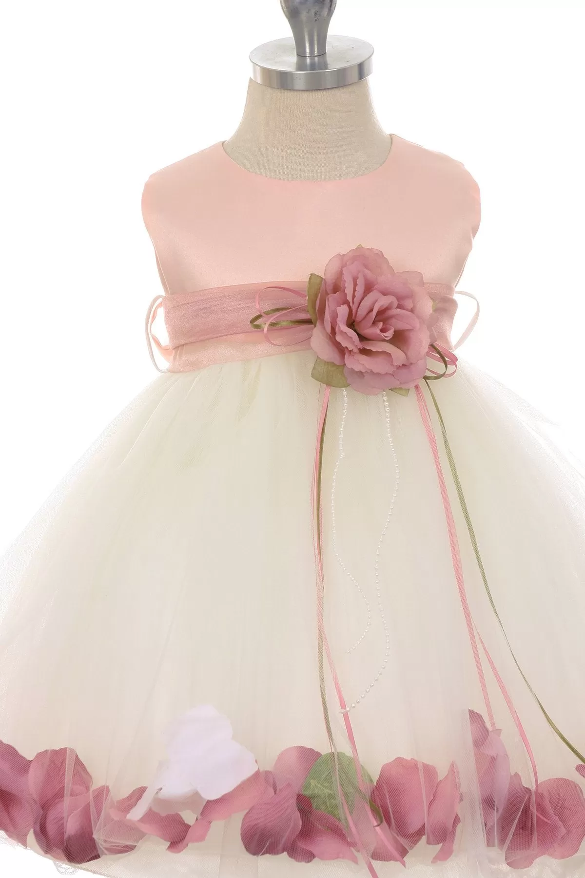 Dusty Rose Top Satin Flower Petal Baby Dress with Organza Sash