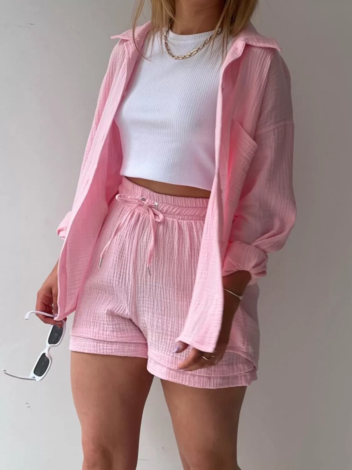 Explore More  Collection - Texture Button Up Shirt and Drawstring Shorts Set